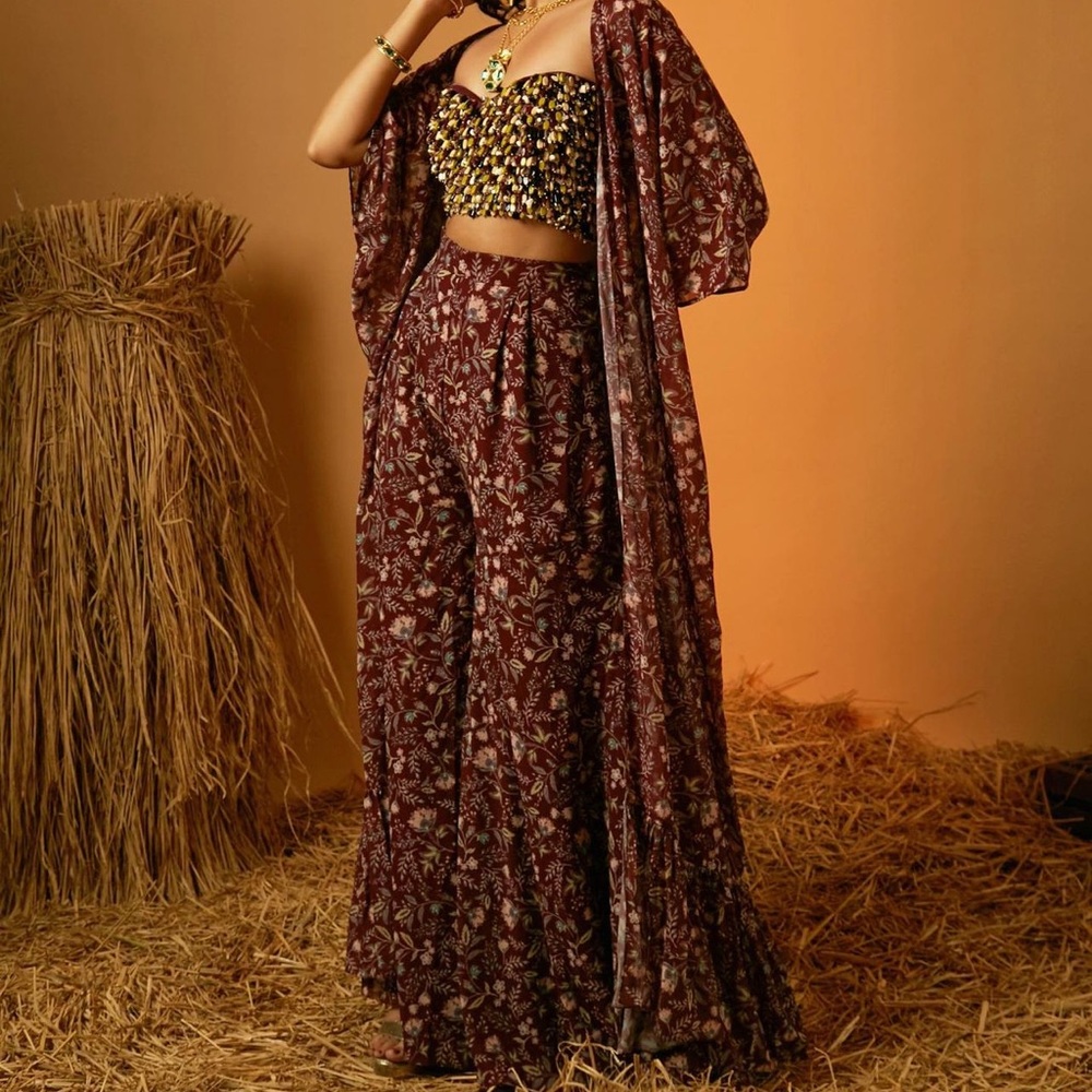 Ria Shah label Maroon floral printed cape set